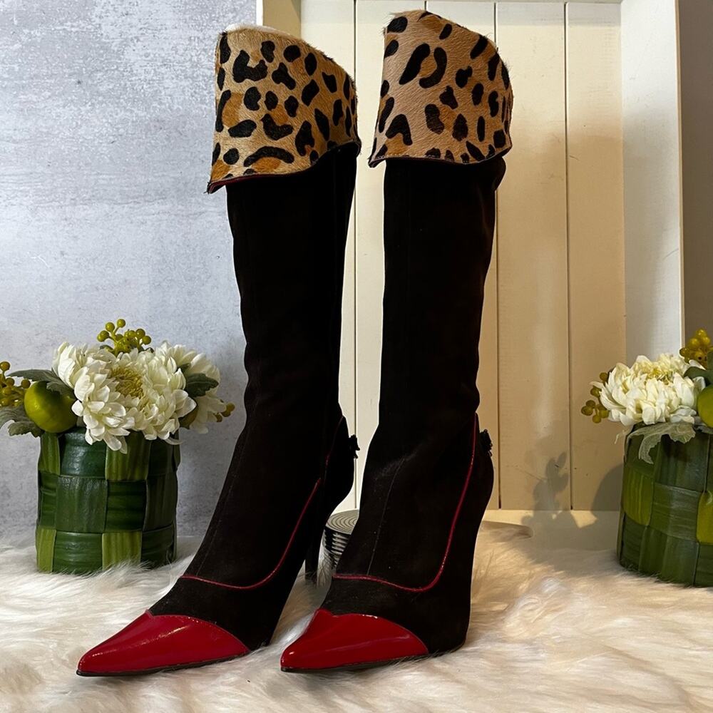 NEW NYLA Suede Leopard Hair Calf Ryba Classic High Heel Knee Boots Chocolate… - Picture 2 of 16